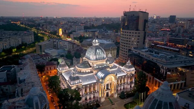 Bucharests Cityscape at Dusk A Stunning Display of Illuminated Architectural Marvels and Beauty. Romania