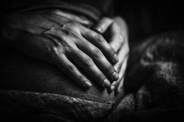 Monochromatic portrait of clasped hands, conveying deep emotions and introspection.
