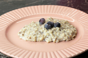 A bowl of oatmeal topped with fresh blueberries on a pink plate. 