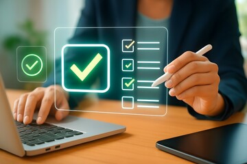 symbolizes task completion, digital checklists, online surveys, compliance, quality assurance, and the process of checking off objectives in a modern, technology-driven environment.