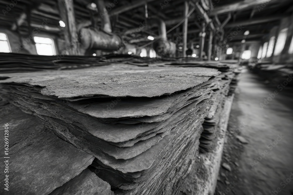 Poster a monochrome image showcasing a large pile of roofing slate inside a derelict factory, creating an i