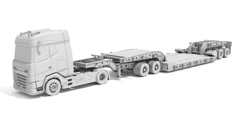 Semi Truck with Lowboy Platform Trailer in Clay Style Render on White Background 3D Rendering