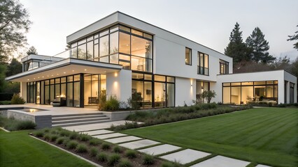 Fototapeta premium A modern house with large windows and a green lawn at dusk with stepping stones and a pool area