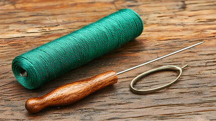 Green waxed thread spool and leather stitching awl on rustic wood. Ideal for craft, DIY, or handmade projects