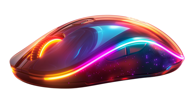 black gaming mouse. Sleek ergonomic design with glowing red LED lights, perfect for tech branding or UI design.   Isolated on transparent background, png.