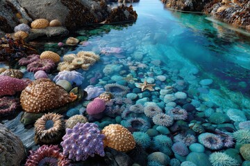 Vibrant underwater ecosystem showcasing colorful corals and sea life in a clear tide pool