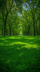 Fototapeta premium Sunlit green grass path through lush trees; summer park landscape; serene nature background; ideal for travel or nature websites