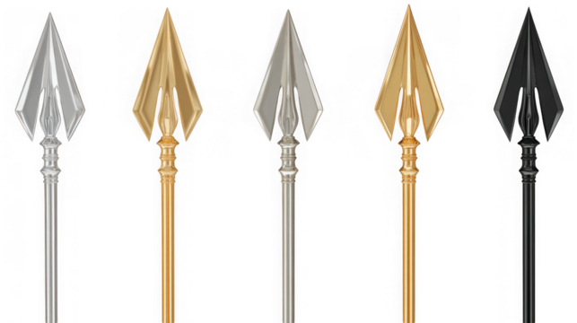 Collection of five spearheads in gold, silver, and black, isolated on transparent background