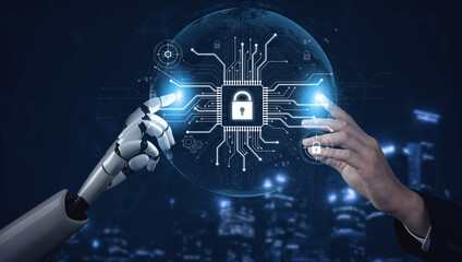 AI safeguarding cyber security system, monitoring threats, analyzing attack patterns, and securing...