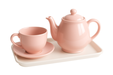 Pink ceramic teapot and cup set with tray isolated on transparent background