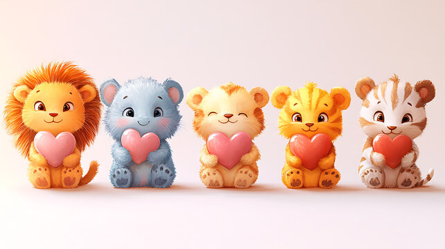 Adorable Baby Animals Holding Hearts Lion, Bear, Tiger Cubs Illustration