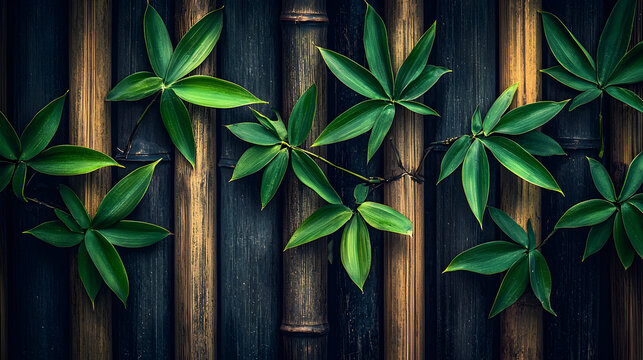 Fototapeta Lush green leaves climbing rustic bamboo fence  tranquil garden backdrop for wellness or nature themes