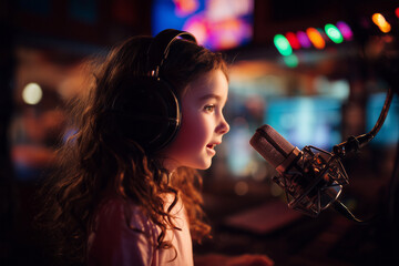 Child wearing headphones and speaking into a microphone in professional recording studio. Concept of kids podcasting, voice acting, creative expression, digital storytelling, and modern media skills.