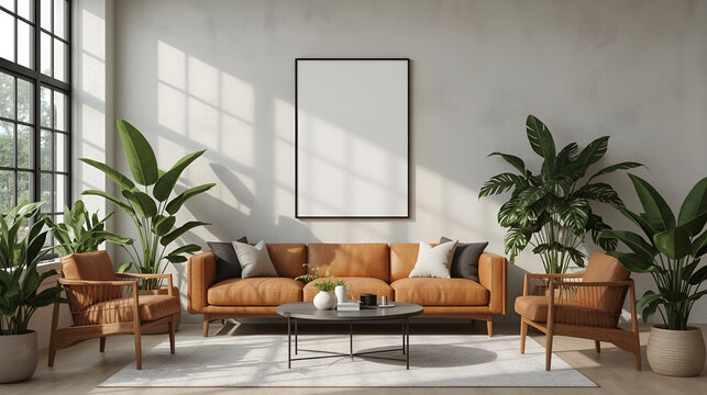 Cozy Interior Poster Frame Mockup &ndash; 18x24 Wall Art Display in Plant-Filled Living Room (PSD & JPG)