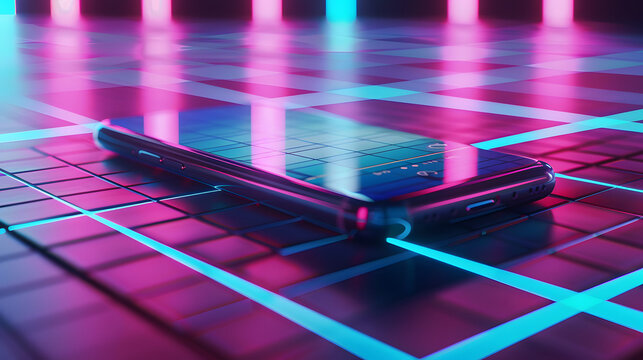 a modern smartphone floating in a futuristic neon environment, glowing grid background, dramatic lighting, space for app or brand logo on screen, 16:9 tech ad