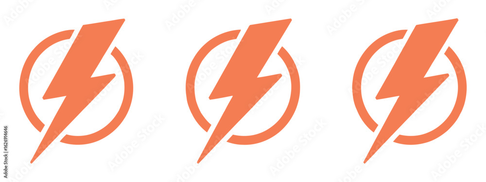 Poster set of three orange lightning bolt icons with circles on transparent background for energy and power