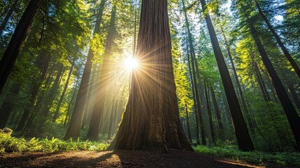 Sunlight streams through giant redwood trees in a forest.