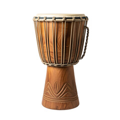 Carved Wooden Djembe Drum on White Background isolated on transparent background