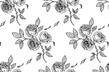 Hand Drawn Vintage Rose Floral Seamless Pattern