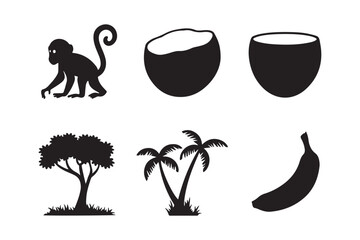 Tropical silhouette icons featuring monkey coconut tree banana and palm trees © Sadek
