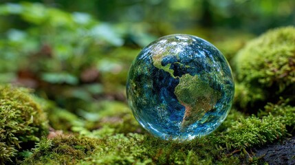 Glass globe of the earth resting on lush green moss.
