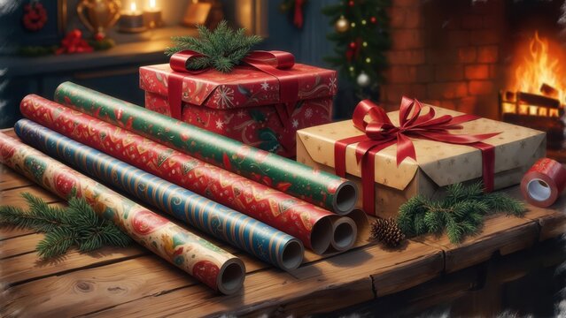 Close-up of wrapping paper rolls and festive boxes with ribbons on a wooden table near a burning fireplace and decorated christmas tree. Concept of christmas and holiday preparations