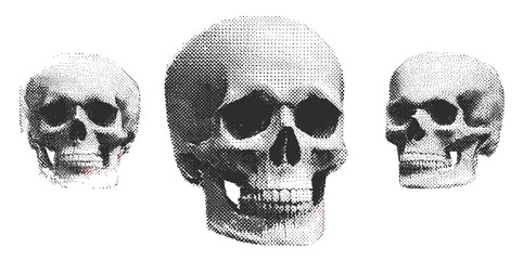 Grunge punk skull with halftone stipple effect, dotted pop art skeleton head. Vintage emo gothic design for rock music posters, album covers, collage art banners, vector illustration, horror theme