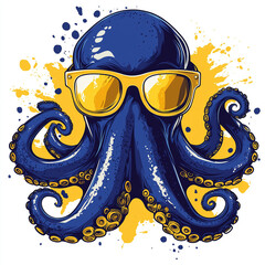 Funny logo of cheerful blue octopus wearing sunglasses in vibrant minimalist cartoon style Generative AI