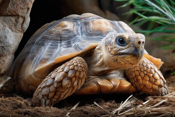 Obraz premium Desert tortoise exploring its rocky habitat during daylight