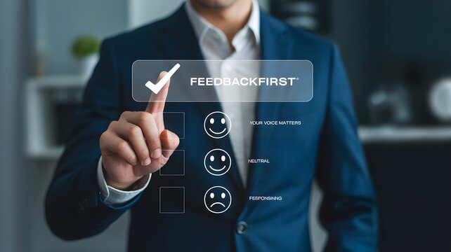 Feedback and Satisfaction: A person in a suit interacts with a modern interface, selecting a positive feedback option with a glowing display of satisfaction in an image of customer service.