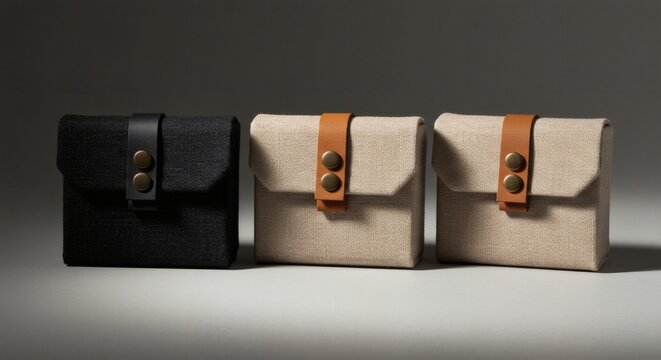 Artisan Card Holders: Three elegantly crafted card holders in a range of neutral tones. Captured with an eye for detail, these minimalist accessories highlight the blend of style and functionality. 