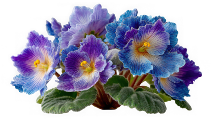 Closeup of a vibrant blue and purple african violet flower with delicate petals and green leaves, isolated on transparent background