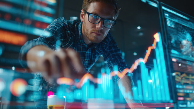Young Analyst Touching Holographic Growing Chart Interface - Digital Finance and Big Data Technology