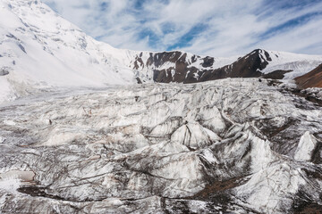 Lanin glacier picturesque wide angle shot showing huge Seracs and crevasses slowly going down the...