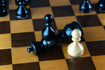 A close-up of a chessboard with a fallen black king and a standing white pawn.