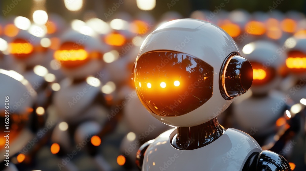 Poster close-up view of a futuristic robot in a large group.