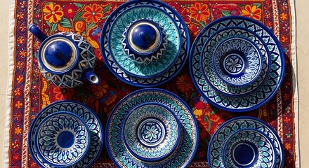 Top-down view of a traditional Uzbek ceramic tea set with intricate blue patterns on a red patterned rug.