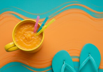 A colorful and stylized image of a tropical drink and a pair of sandals, evoking a fun beach day.
