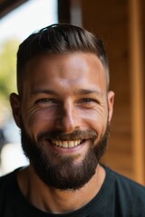 Smiling Bearded Man in Black T-shirt