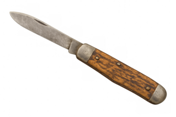 Open vintage pocket knife with aged wooden handle isolated on transparent background, showing signs of wear and tear