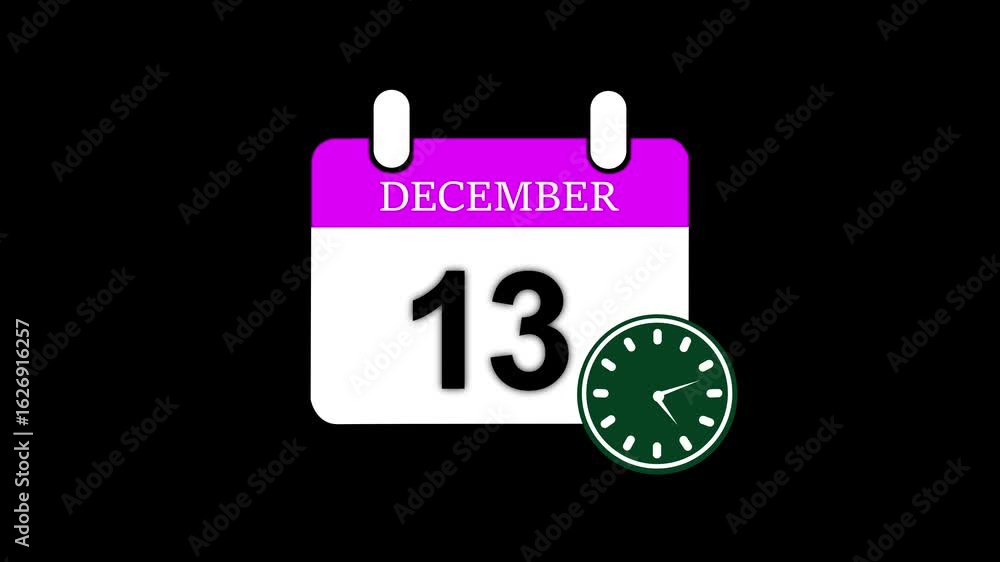 Poster 13 december month calendar with time symbol. simple calendar icon animation and date change of time 