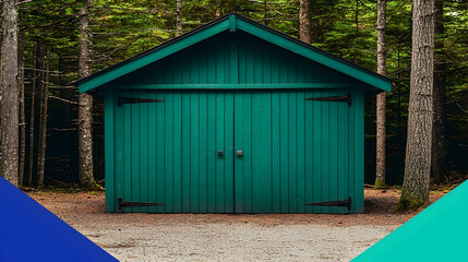 Green shed in forest, storage building, nature background, peaceful scene, ideal for websites