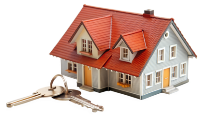 Model of a house with keys in front, isolated on transparent background