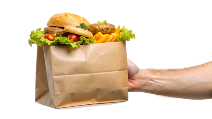 Hand holding a paper bag full of fast food including a burger, french fries, lettuce, and tomatoes, isolated on transparent background
