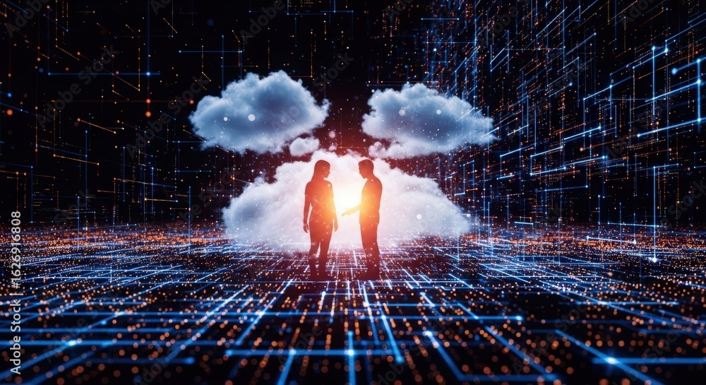 Poster woman and man silhouettes negotiating in abstract digital space with cloud computing. data analysis 