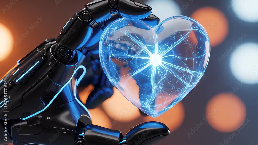 Poster sleek robotic hand holds a glowing heart as it showcases advanced technology and innovation in a fut