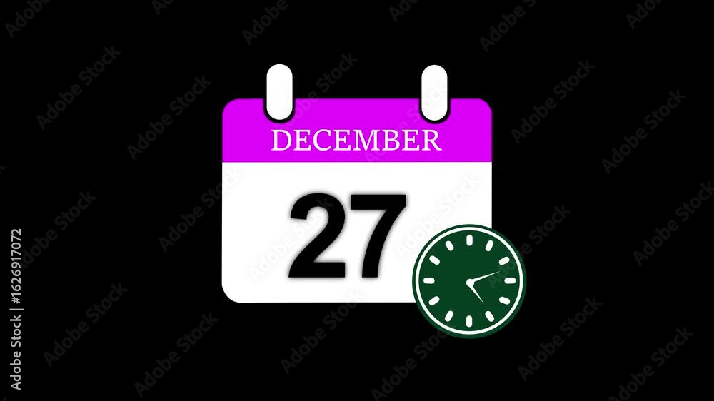 Poster 27 december month calendar with time symbol. simple calendar icon animation and date change of time 