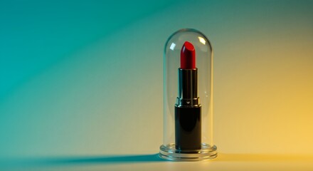 Vibrant Lipstick in a Glass Dome: A striking red lipstick stands encapsulated under a transparent glass dome, bathed in a gradient of soft, inviting hues, creating a surreal beauty product display.
