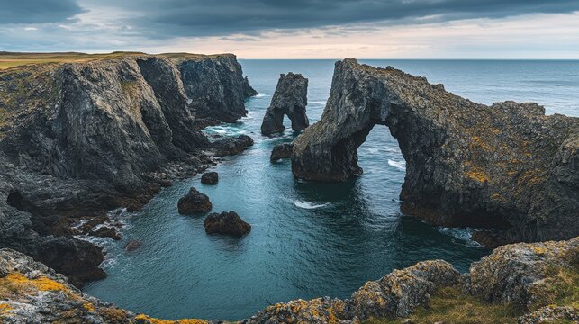 Dramatic sea stacks and arches along a rocky coastline.