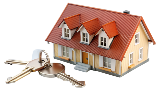 House and keys isolated on transparent background, symbolizing home ownership and real estate investment
